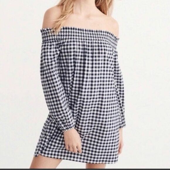 NWT Abercrombie & Fitch Navy and White Plaid Off the Shoulder Dress Extra Small - Picture 1 of 6